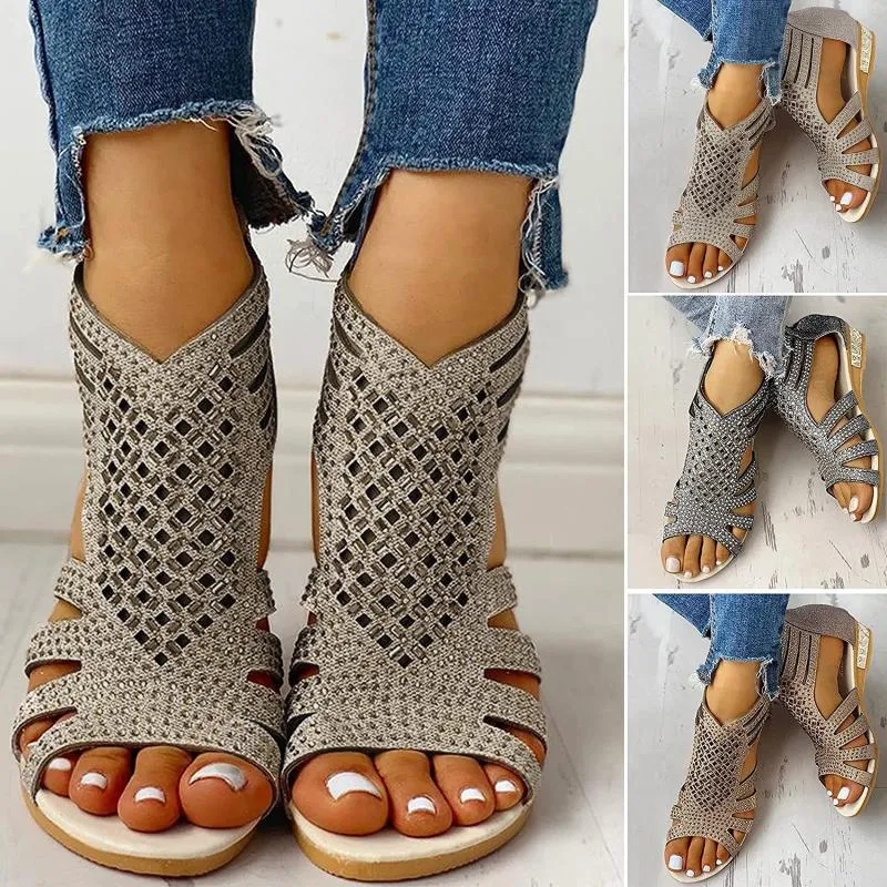 Sandalen 2023 Vrouw Vrouwen comfortabele rug zipper platte hak mode schoenen vrouwelijk uitgehold vissen mond damesschoenen