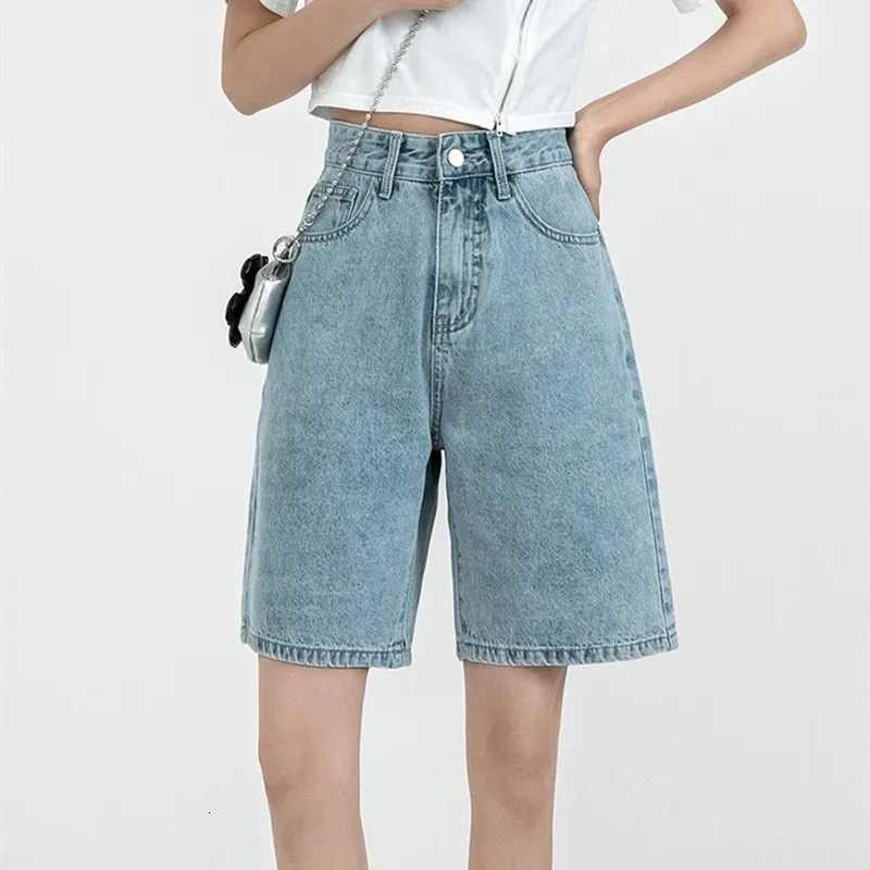 Damesshorts Zhisilao Solid knie-lengte denim shorts vrouwen vriendje Casual High Taille Wide Leg Shorts Jeans Summer 230325
