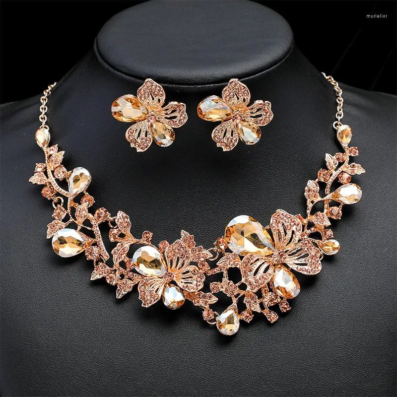 Ketting oorbellen set luxe legering kristallen bloemenstudie en bruid bruiloft voor vrouwen elegante feestgift sieraden sets