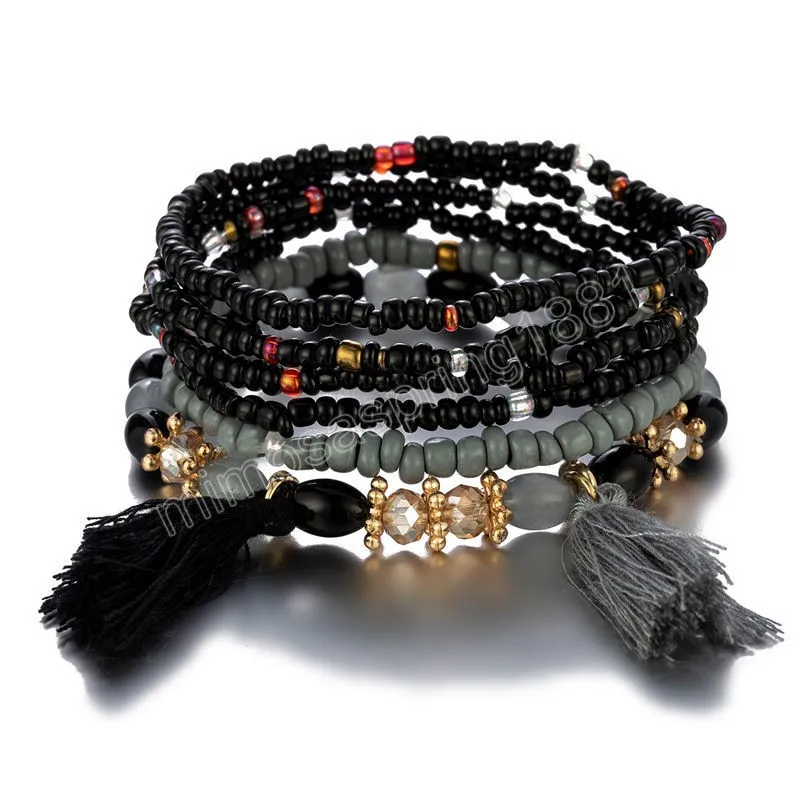 /conjunto pulseira de miçangas boêmios Conjunto para mulheres borlas charme miçangas de sementes coloridas pulseira de cadeia de jóias étnicas femininas boho