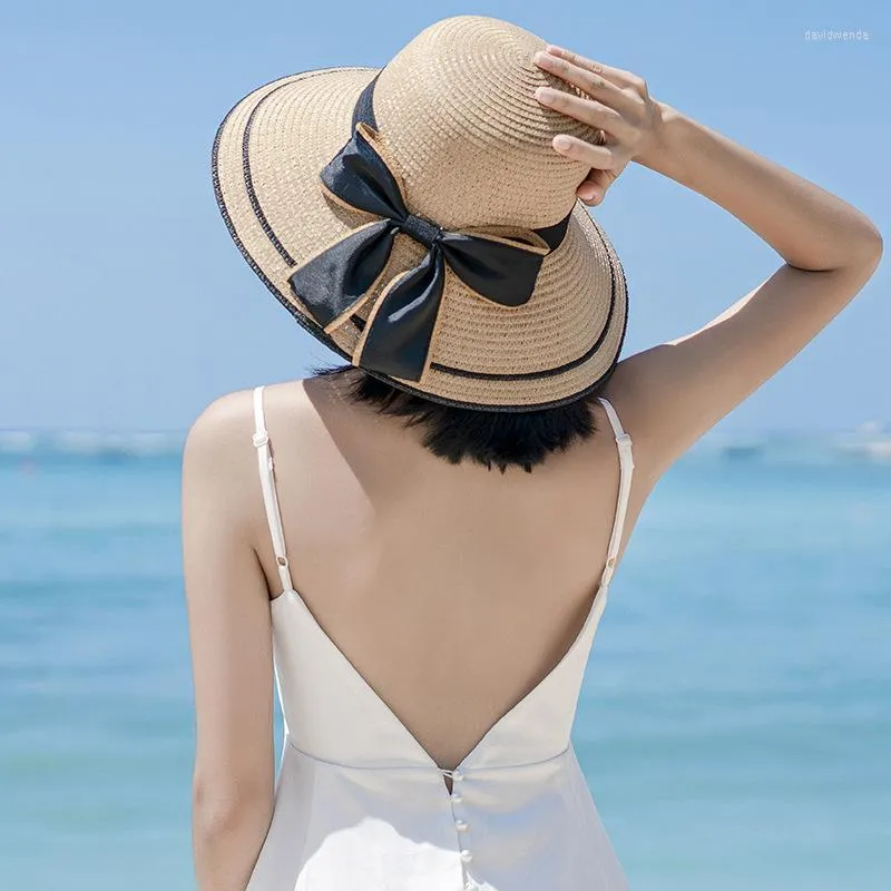 Cappelli a tesa larga per le donne Fashion Summer Big Bowknot Beach Bonnets Bucket Caps Ladies Protezione solare Cappelli di pagliaWide Davi22