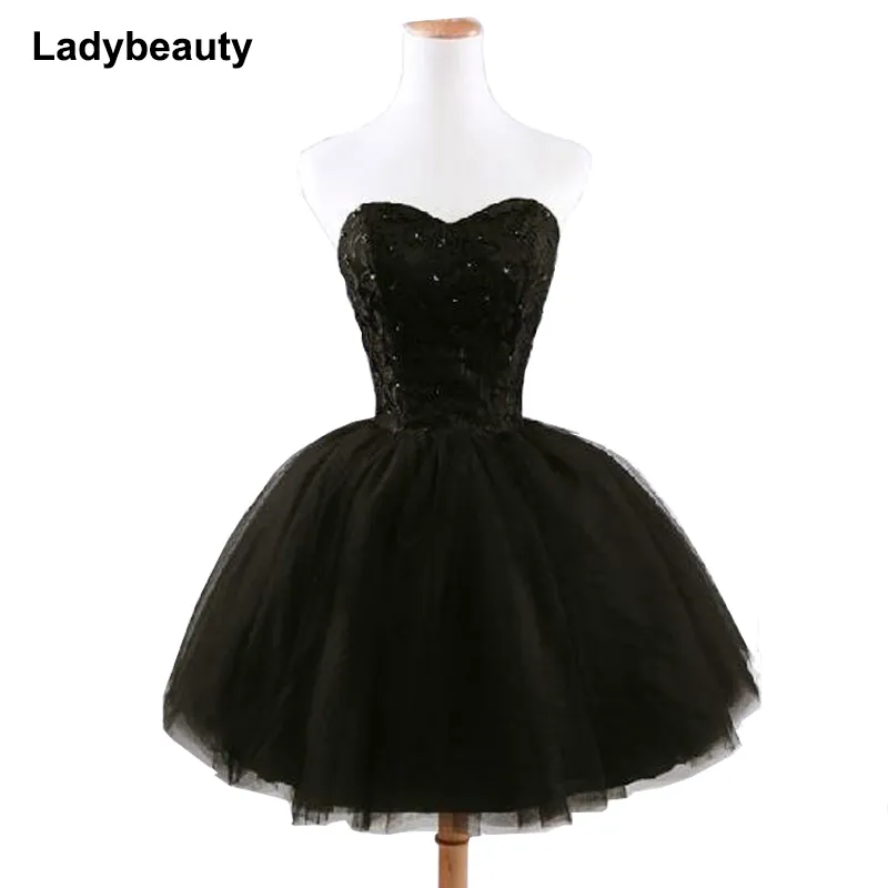 Feestjurken Ladybeauty Aankomst Elegante vrouwen Korte prom jurk Zwart vat prinses Sweetheart Kralen mode Vrouwen Black prom jurk 230325