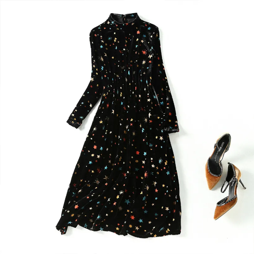 Spring Stand Collar Velour Stars Print Panelled Dress Colorful Black Long Sleeve Elastic Waist Mid-Calf Midi Casual Dresses C2S123021