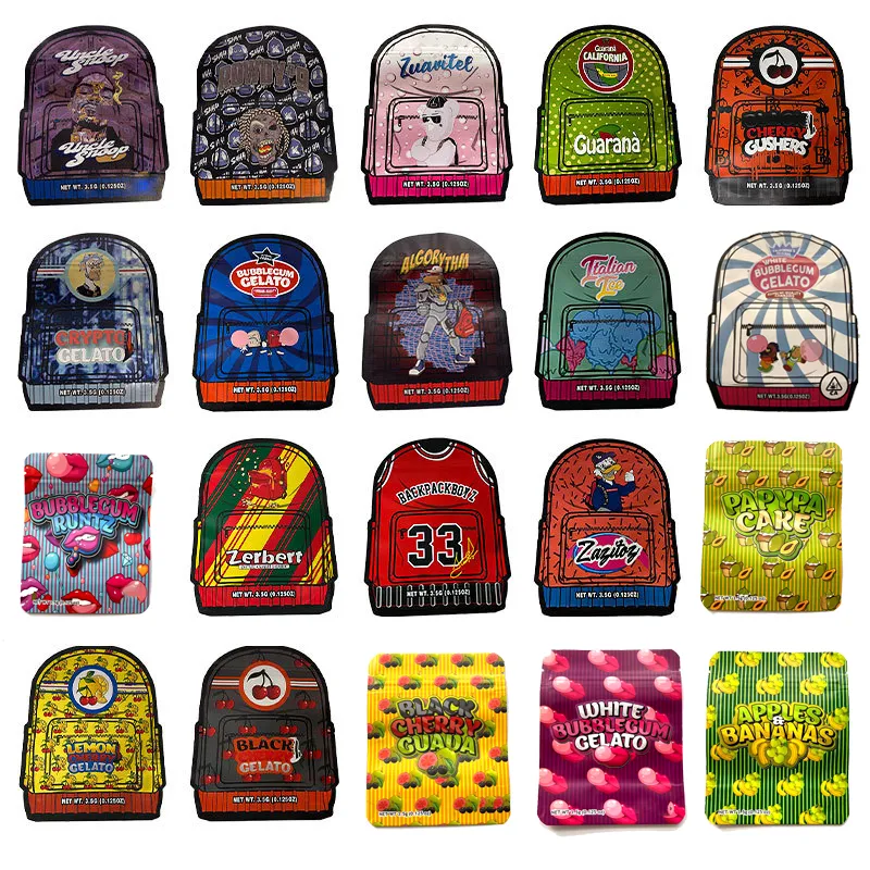 Unique Backpack Shape Mylar Bags 3.5g Edibles Packaging Boyz Black Lemon Cherry Blue Guauana California Gelato Stand Up Pouch Case