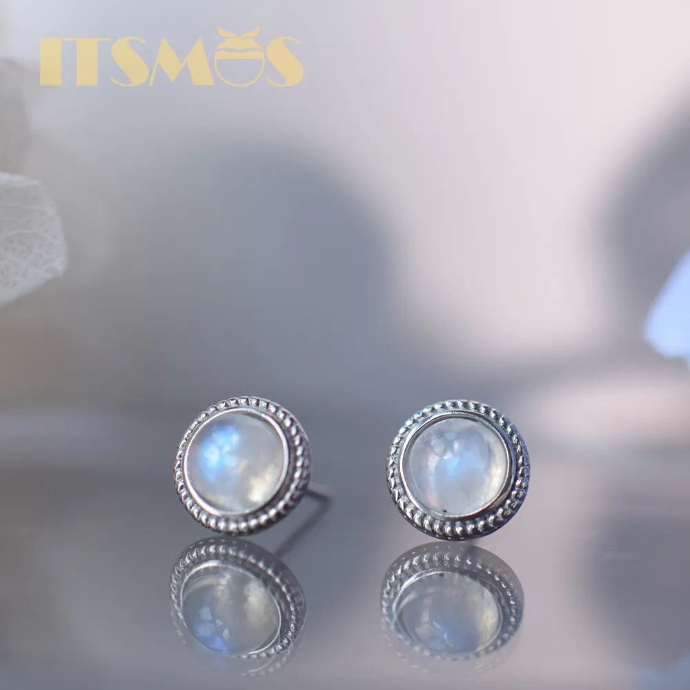 Stud ITSMOS Natural Moonstone 084inch Boucles d'oreilles Round Twist Lace S925 Silver Studs Retro Elegant Roman Style for Women Girls Gift 230325