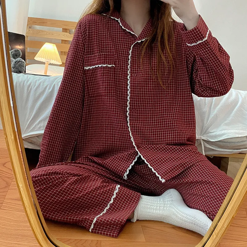 Women's Sleepwear Yasuk Spring Autumn Fashion Women's Casual Lovely Plaid Sleepwear Nightgow Retro Pajamas Set With Pants Trouser Year Soft 230325