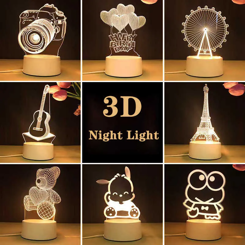 Ночные светильники New Kids Night Light 3D светодиодная лампа творческая столовая столовая лампа романтическое сердце медвежьи светильники дети гриль домашний декор Рождественский подарок P230325