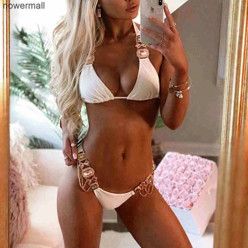 Rhinestone Swimsuit Women Bikinis Crystal Diamond Bikini Set Metal Chain Swimwear vrouwelijke luxe aristocratisch zwempak