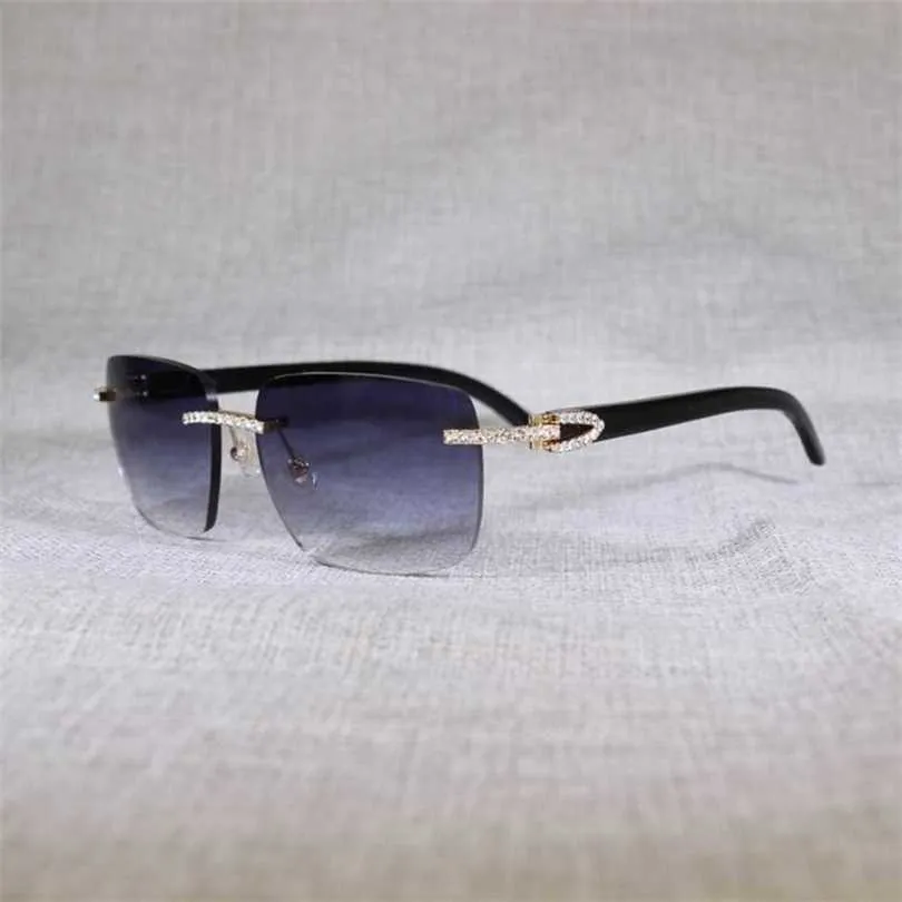 20% Rabatt für 2023 Luxus-Designer-Sonnenbrille Vintage Strass Schwarz Weiß Buffalo Horn Randlos Herren Holzbrille Metallrahmen Shades für Summer Club Eyewear