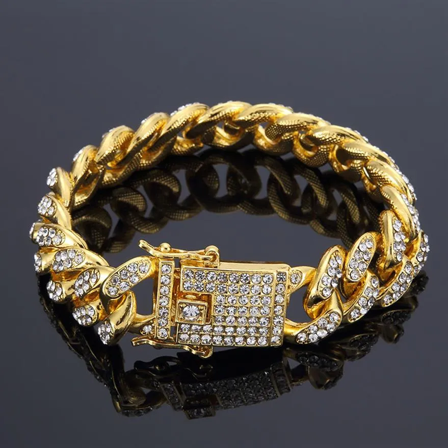 Mens Hip Hop Bling Gold Bracelets Iced Out Miami Cuban Link Chain Diamond Bracelet Jewelry267H