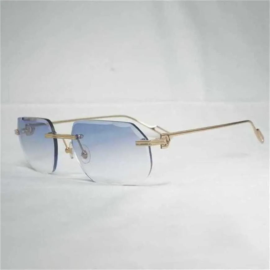 Lüks tasarımcı yüksek kaliteli güneş gözlüğü% 20 indirim vintage rimless kare erkekler oculos kesme lens şekil gölge metal çerçeve gafas okumak için temiz