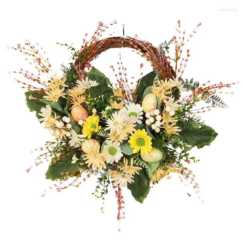 Chandelier Crystal -Easter Egg Daisy Floral Wreaths For Front Door 19.7Inch Pre-Lit Pastel Eggs White Berries Spring Greenery Wreath