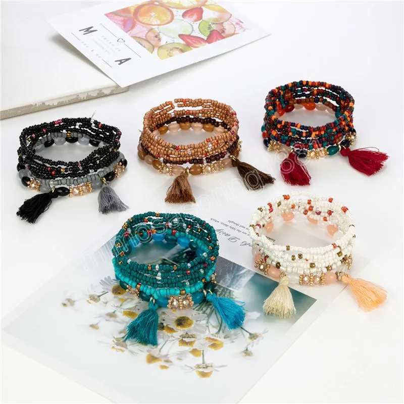 /conjunto pulseira de miçangas boêmios Conjunto para mulheres borlas charme miçangas de sementes coloridas pulseira de cadeia de jóias étnicas femininas boho