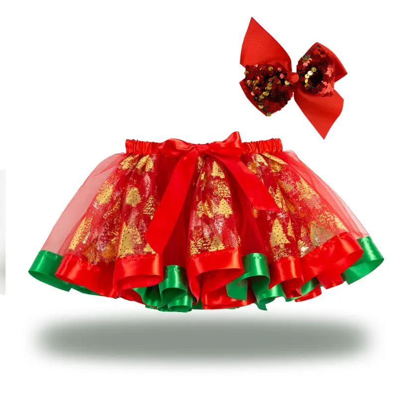 Юбки Золотая рождественская елка принт красный тюль с луком мини -бальный платье под юничником