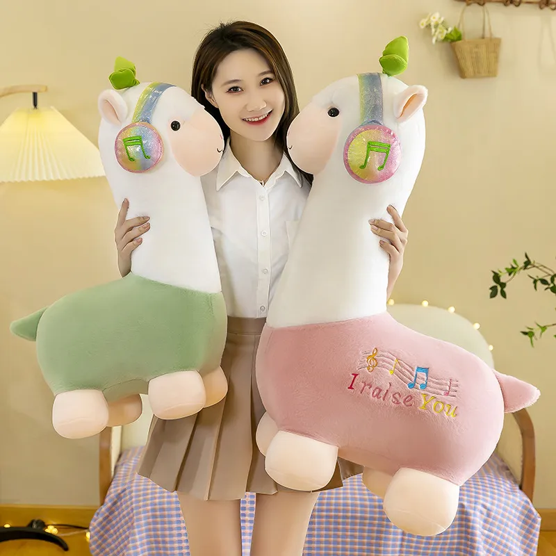 1Pc 23-70CM mignon alpaga avec casque Peluche jouets Kawaii debout Alpacasso peluche oreiller poupées pour enfants filles cadeau jouet