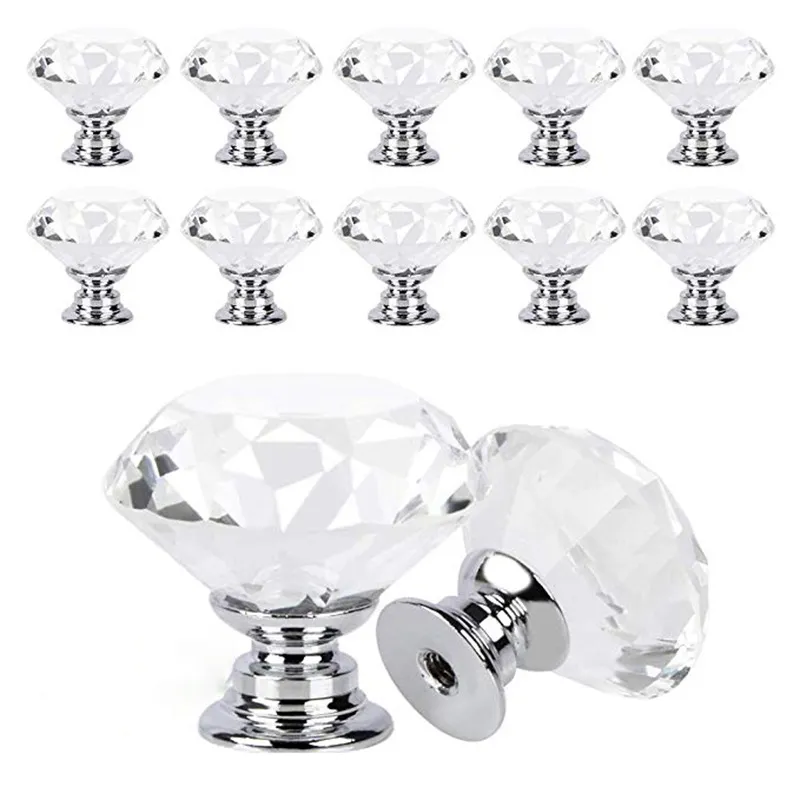 Botões de porta de gabinete de vidro de cristal, orifício único de 30 mm de diamante puxa alças para gaveta armários de cozinha armários de guarda -roupa do armário de banheiro mesa