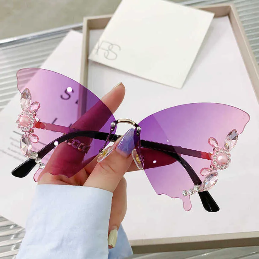 Luxus-Designer-Mode-Sonnenbrille 20 % Rabatt Schmetterling Diamant randlos Prom Mode Persönlichkeit übertrieben Frauen rundes großes Gesicht