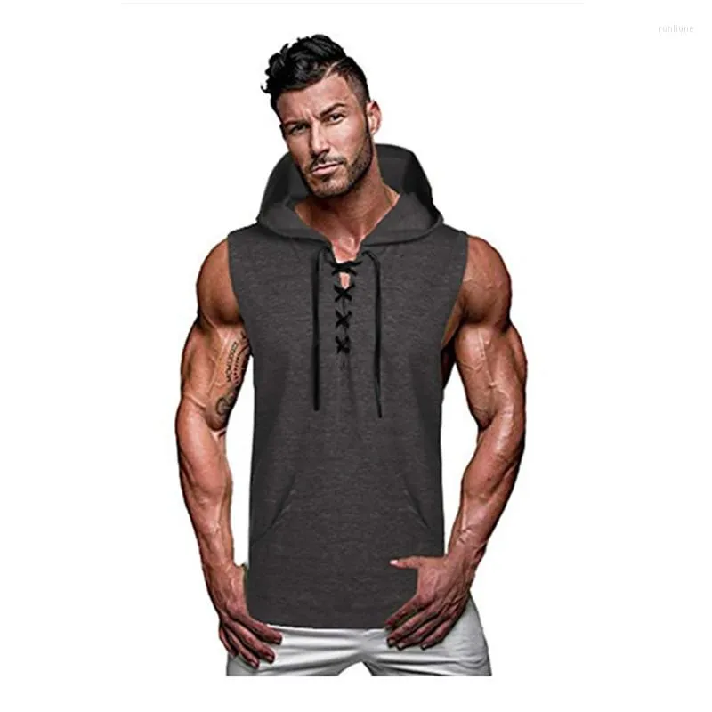 Herentanktops MRMT 2023 Brand Heren Casual Hooded Solid Lace Vest Mouwloos T-shirt T-shirt voor mannelijk t-shirt