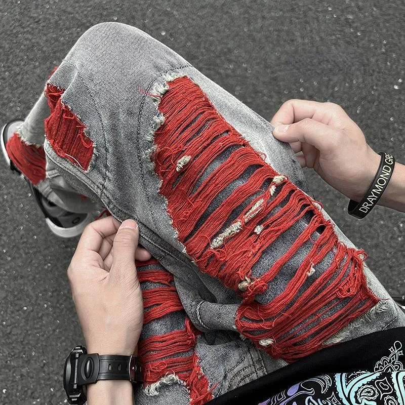 Men's Y2K Ripped Jeans, High Street American Pants, Ruffian Handsome Senior  Sense Red Thread Jeans, Streetwear, 230325