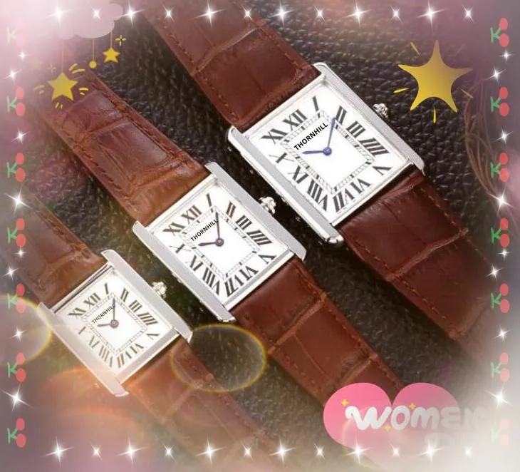 Dwa igły oryginalny pasek skórzany zegarek kobiet mężczyzn Square Roman Tank Serie