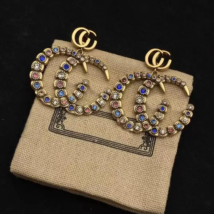 nieuwe Dangle modemerk oorbel kleur diamant dubbele G brief messing materiaal persoonlijkheid Oorbellen vrouwen bruiloft designer sieraden hoge kwaliteit met doos
