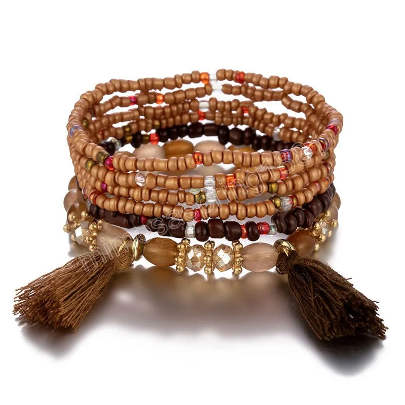 /zestaw Bohemian z koralikami Zestaw dla kobiet Tassels Charm Kolorowe koraliki nasienne łańcuch Bangle Kobieta boho biżuteria etniczna