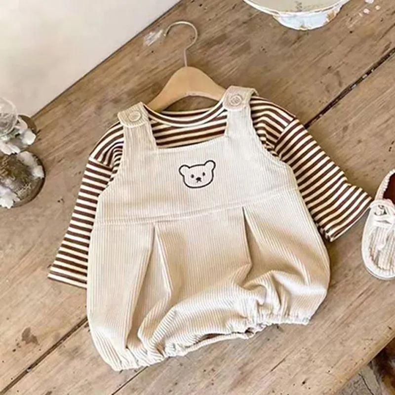 Pajamas Autumn Baby TShirts Corduroy Sling Rompers Suit for Boys Cotton Stripe Pullover Cartoon Bear Kids Overalls Infant Girls Clothes 230327