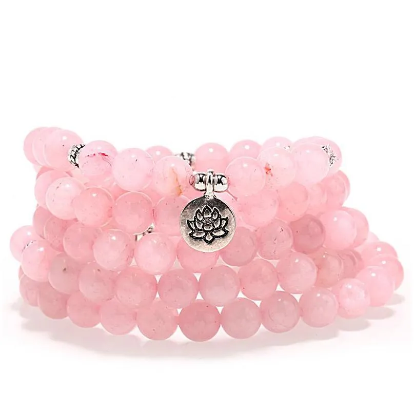 Perlé Top Vente 108 Rose Pierre Naturelle Mala Bracelet Femmes Yoga Bijoux Bouddhiste Chakra Collier Coeur Lotus Goutte Dhshq