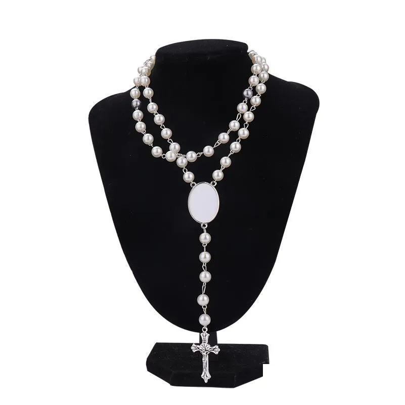 Sublimation Blanks Layered Choker Necklace Pearl Cross Women Pendant Long Rosary Bead Chain Jesus Catholic Crucifi Dh4El