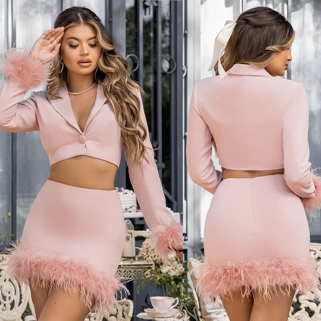 Pink Feather Mother of the Bride Skirts Suits Ladies Women Formal Evening Party Blazer Wear Short Jacket 2 Pieces