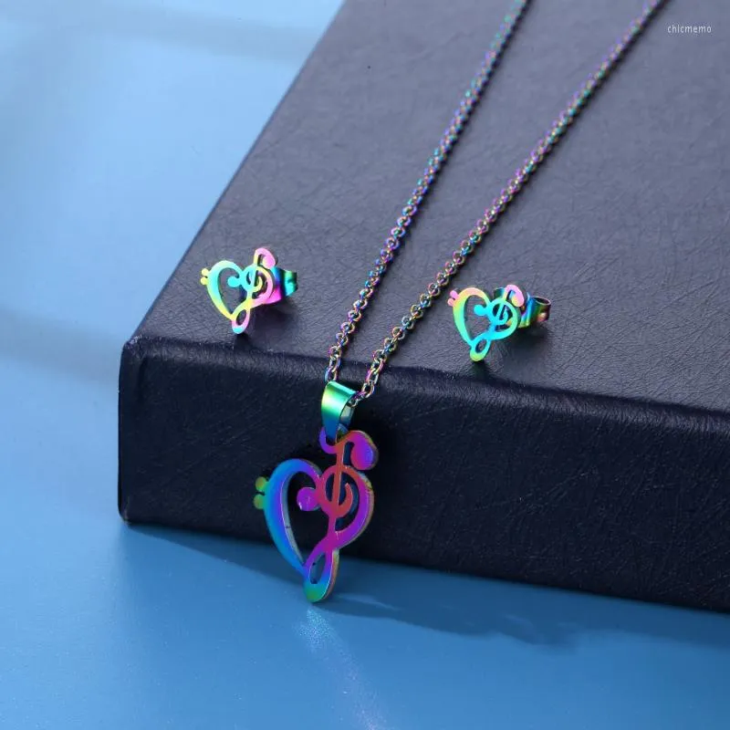 Necklace Earrings Set Stainless Steel Colorful Heart Music Note Pendant Chain Stud Earring For Women Party Birthday Fashion Jewelry Gift