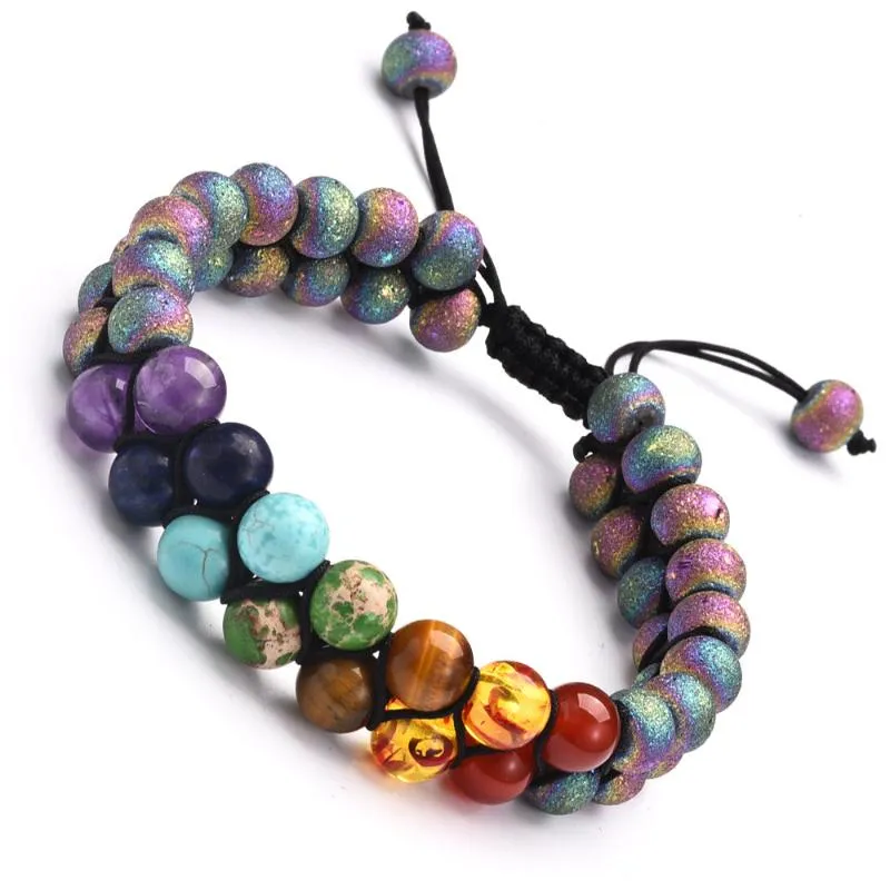 Charm Bracelets Colorful Yoga Balance Beaded Bracelet & Bangle For Women Men Lava Stone Frosted Black Onyx Handmade Double AdjustableCha