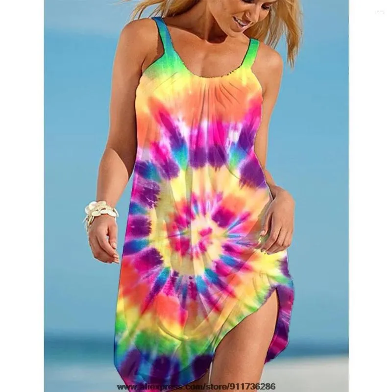 Casual jurken dames een lijn jurk korte tie-dye mini mouwloze bloemenprint lente zomer halter halter nek elegant gewaad sexy