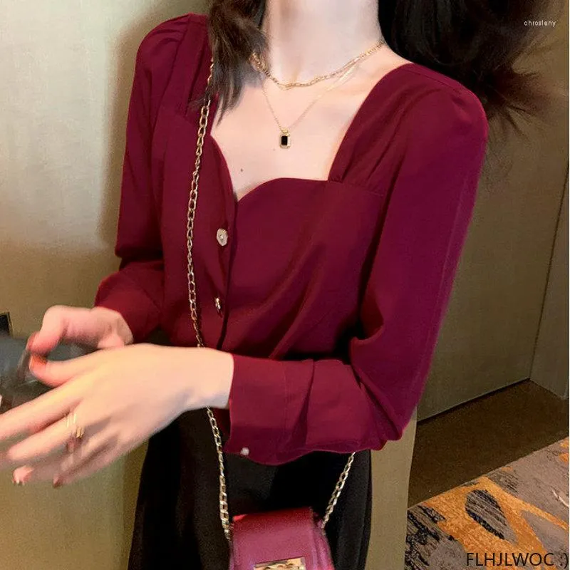 Blouses voor dames Red Square Neck Tops Blusas 2023 Spring Basic Wear Cute Sweet Chic Korea Fashion Cleren Solid Slank Fit Women Shirts