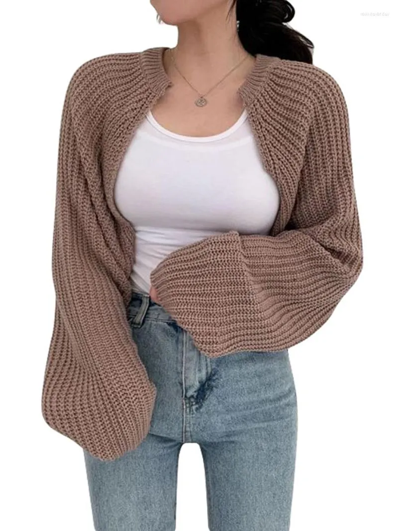 Tricots pour femmes femmes Y2k tricot Crochet à manches longues haut court boléro Cardigan contraste couleur Vintage recadrée haussement d'épaules pull