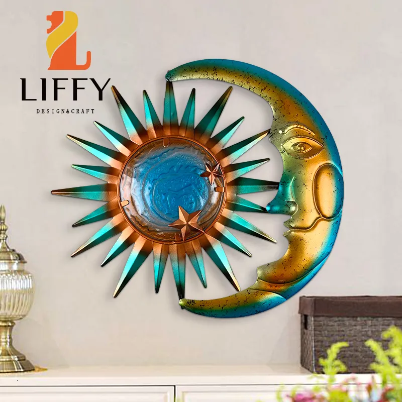 TABLETOP VIN RACKS Liffy Sun and Moon Face Metal Wall Artwork for Home Decor Sculpture Staty Hanging Decoration of Living Room 230327