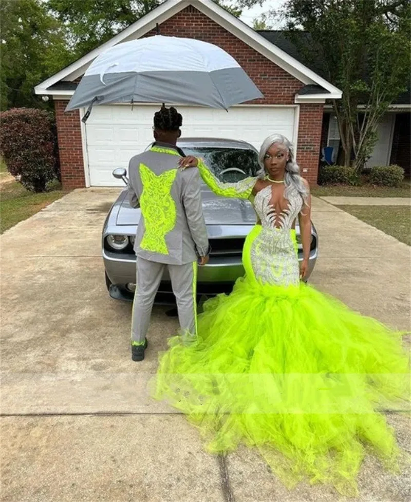 Lace Green 2024 Lemon Mermaid Prom Dress One Shoulder Sweep Train Plus Size Party Gown