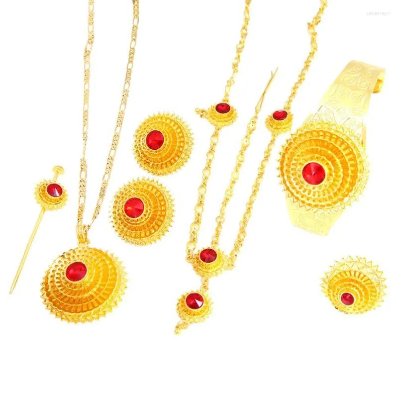 Ketting oorbellen set ethiopisch goud kleur haar stuk hanger ketting eoren ring pin armband eritrea habesha dames bruiloft sieraden