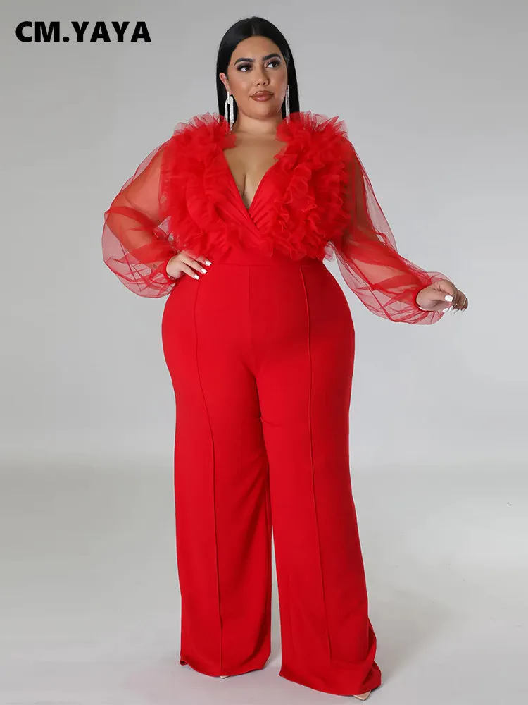 Women's Plus Size Jumpsuits Rompers CM.YAYA Plus Size Women Mesh Ruffles Wrap Vneck Wide Leg Straight Jumpsuit Holiday Vintage Playsuit Suit Romper 230325