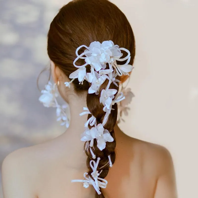 Kopfbedeckungen Braut weiße Satinblüte Haarklammern Pearl Tiara Sen Hand Blütenblatt Rebe Kopfstück Schmuck Schmuck