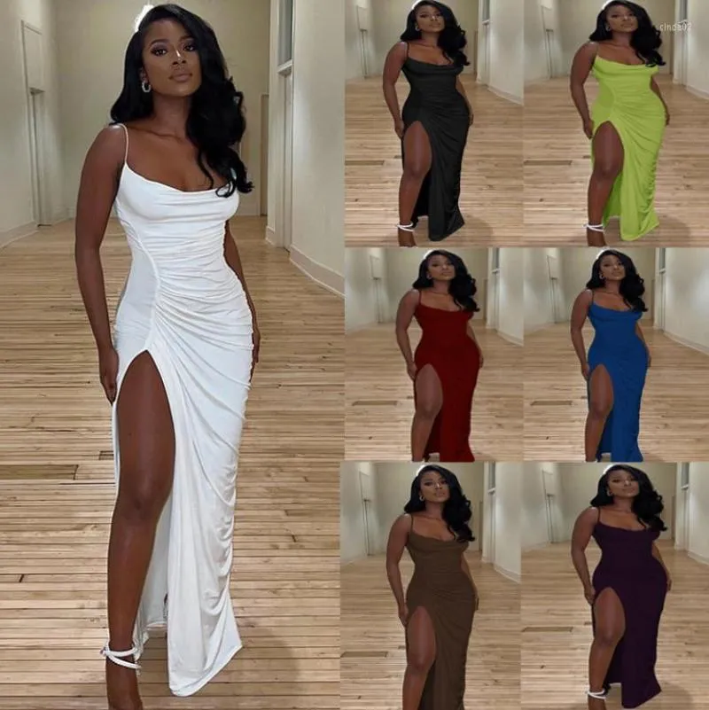 Robes de soirée longue robe de club Sexy Spaghetti Strap sans manches Maxi pour les femmes été drapé ruché haute fente