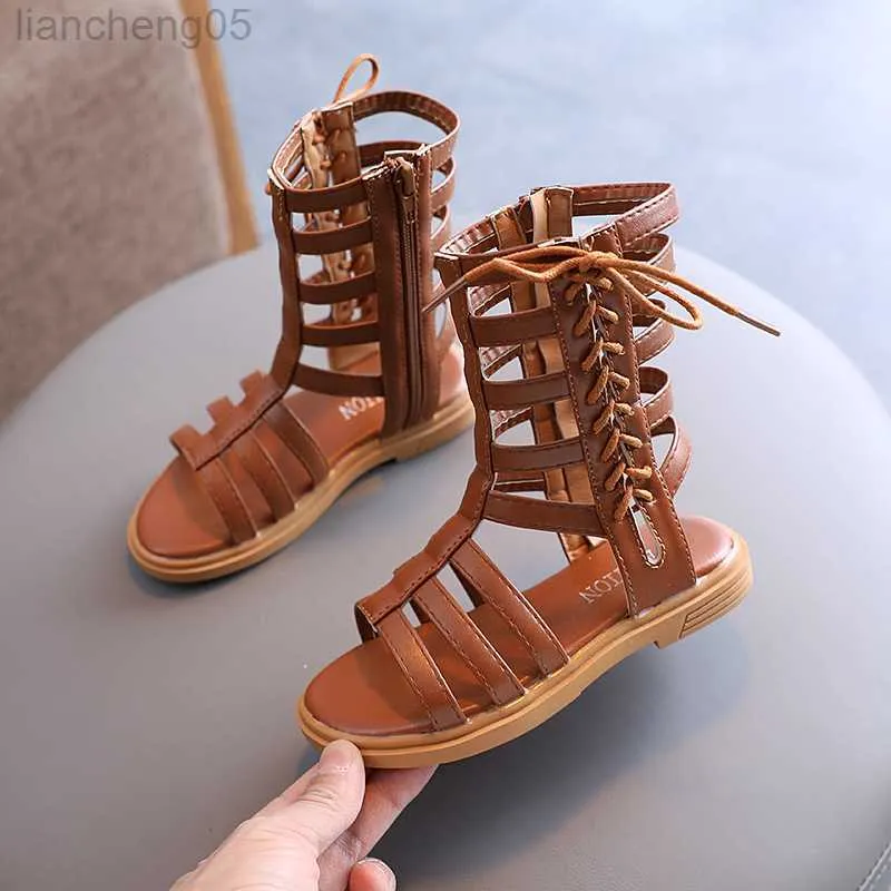 Сандалии Сандалии Лето 2022 Girls Gladiator Sandals Cross Cross Cross Deby Kids Casual Shoe Child Girl Roma Lace Up High Top Sandalias W0327