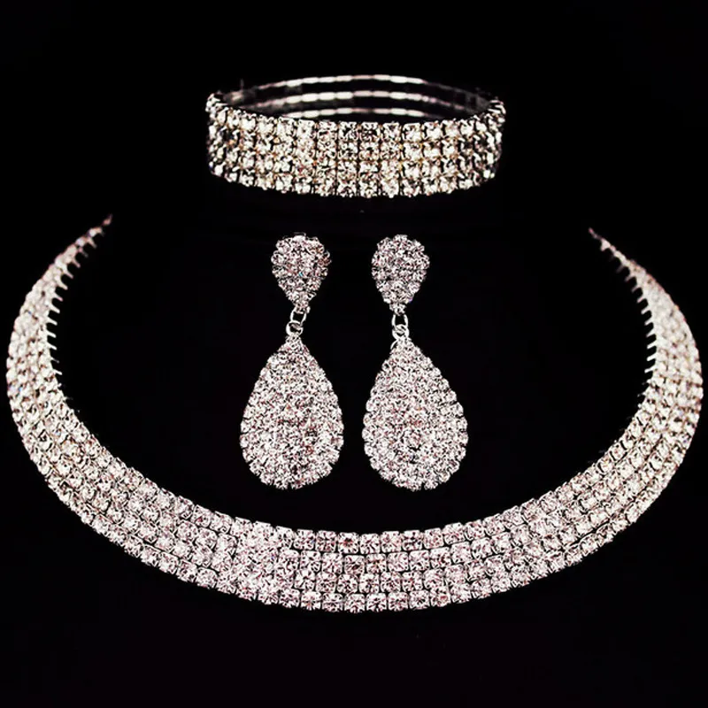 Bröllopstillbehör brud smycken klassisk strass kristall choker halsband örhängen och armband bröllop smycken uppsättningar bröllopstillbehör brud smycken