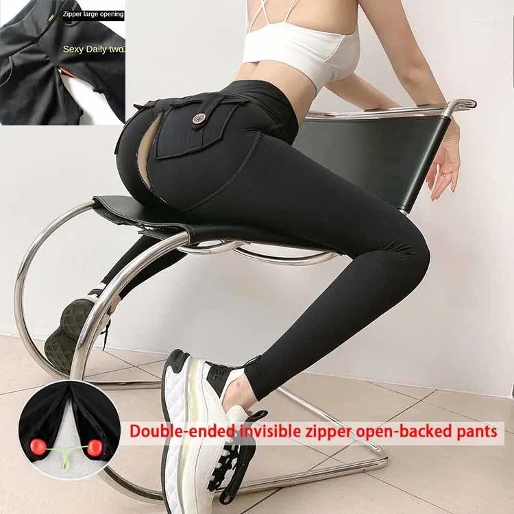 High Waist Invisible Zipper Open Crotch Leggings With Pockets With Pockets  For Yoga, Sports, And Sexy Women From Crosslery, $36.13