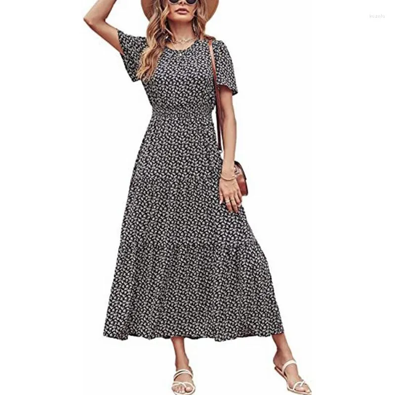 Casual Dresses Print Design Flower 2023 Summer Women Shirring Draped Layered Dress Fashion Pastoral High midje Dam Syming kjol