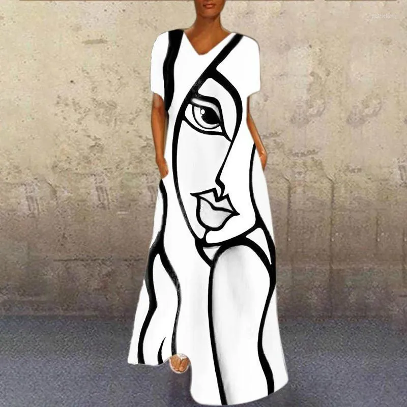 Abiti casual Abito stampato con arte astratta Manica corta Scollo a V Una linea Vintage Cartoon Party Lungo 2023 Maxi allentato femminile