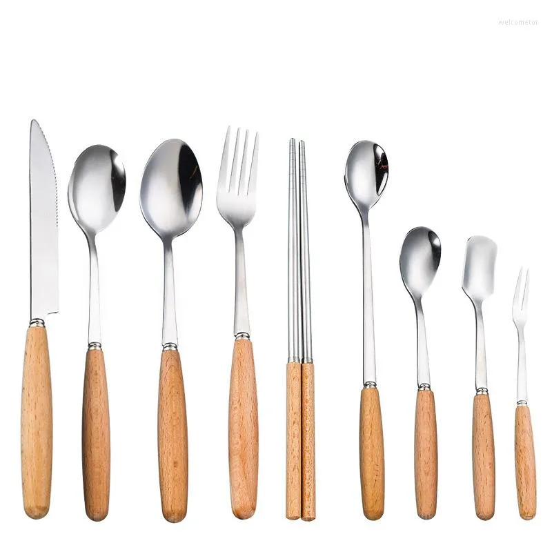 Set di stoviglie 410 Acciaio inossidabile giapponese Manico in legno Stoviglie Forchetta da frutta Coltello da bistecca occidentale Cucchiaio Bacchette Set