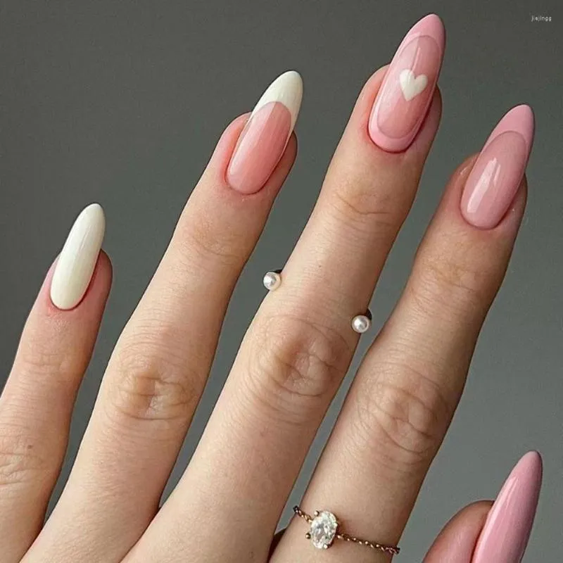Valse nagels 24 -sten nagel tips diy golvende druk op lange amandelblauw liefde hart Frans