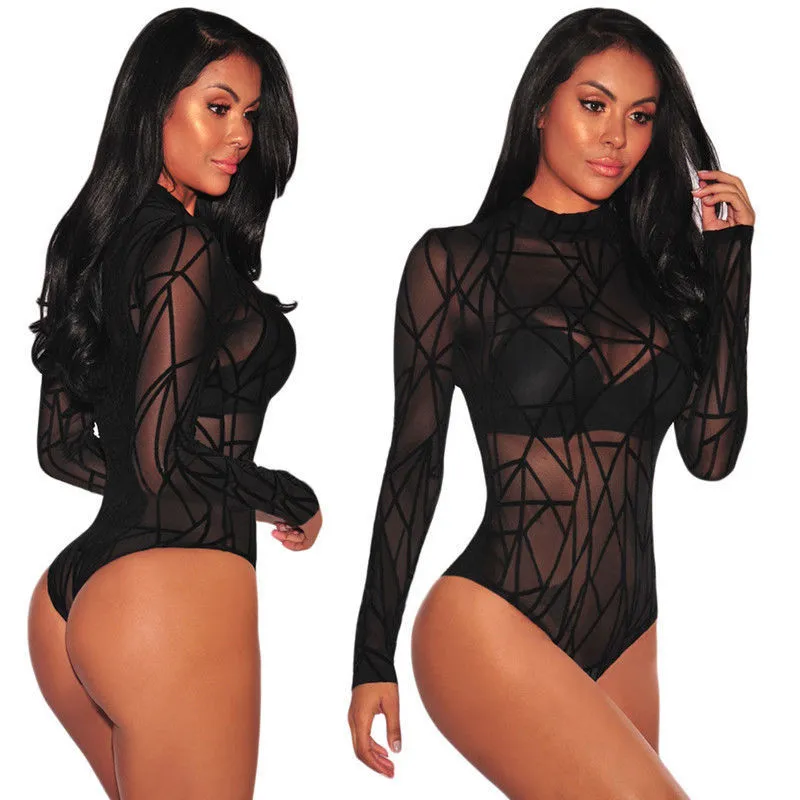 Kobiety Jumpsuits Rompers Body Femme dla kobiet seksowne z długim rękawem kwiatowe w paski z nadrukiem Bodaysuits Transparent Black Club Party Romper Jops 230327