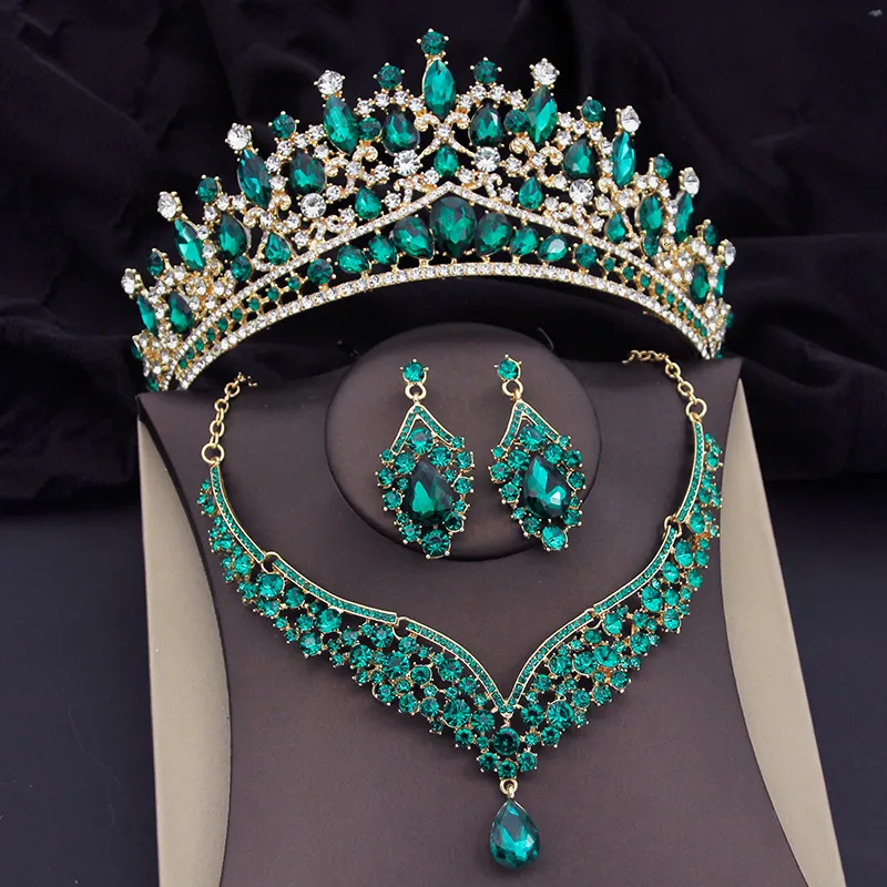 Wedding Jewelry Sets Green Crystal Crown Wedding Necklace Earring Sets Luxury Bridal Jewelry Sets for Women Prom Tiaras Bride Dubai Jewelry Sets 230325